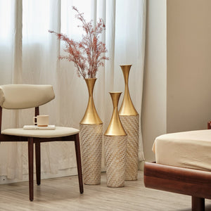 English Elm Floor Metal Vase Set - 3-Piece Modern Geometric Decor With Woven Texture & Glazed Finish,  Tall Accent W2796P255611