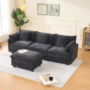 English Elm Beige Chenille Sectional Sofa with Modular Ottoman for Living Room or Studio Black W2603S00006
