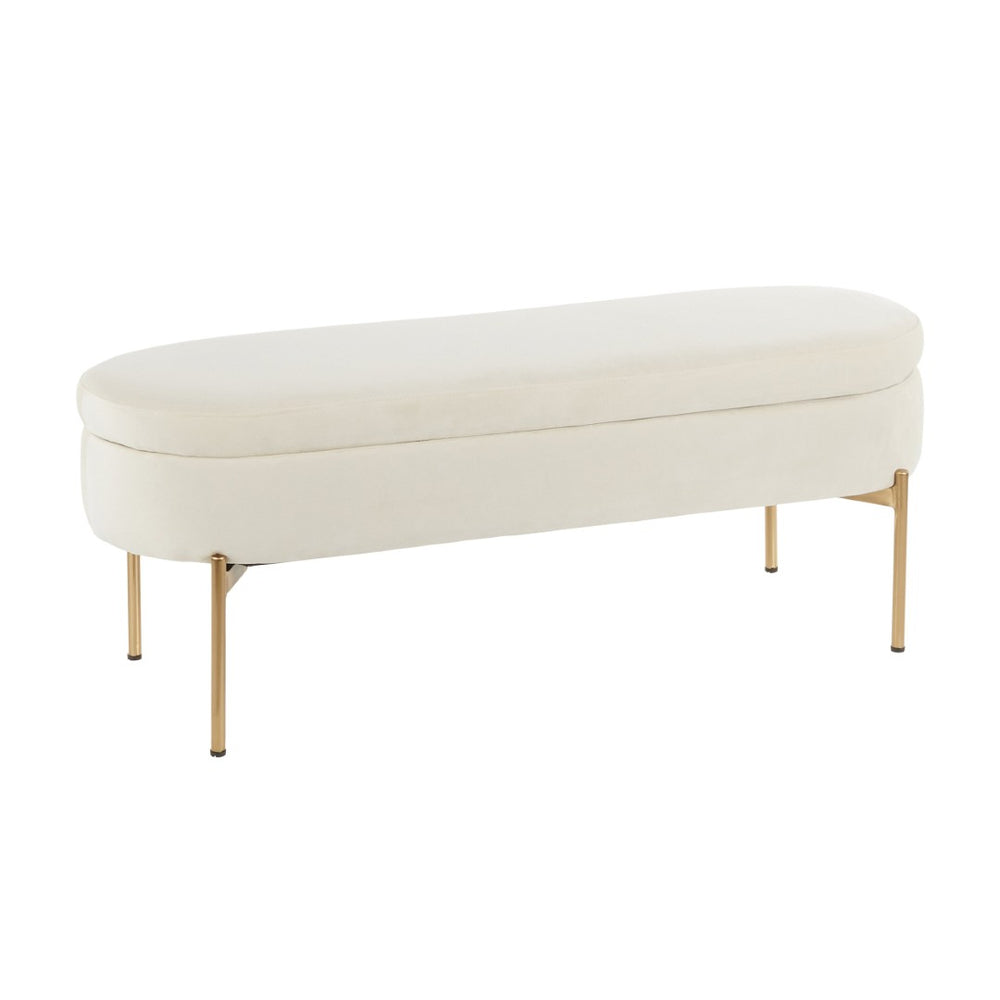 English Elm Contemporary Cream Velvet Storage Bench with Gold Metal Base for Bedroom or Entryway B202P223453