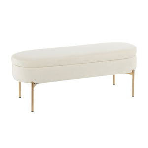 English Elm Contemporary Cream Velvet Storage Bench with Gold Metal Base for Bedroom or Entryway B202P223453