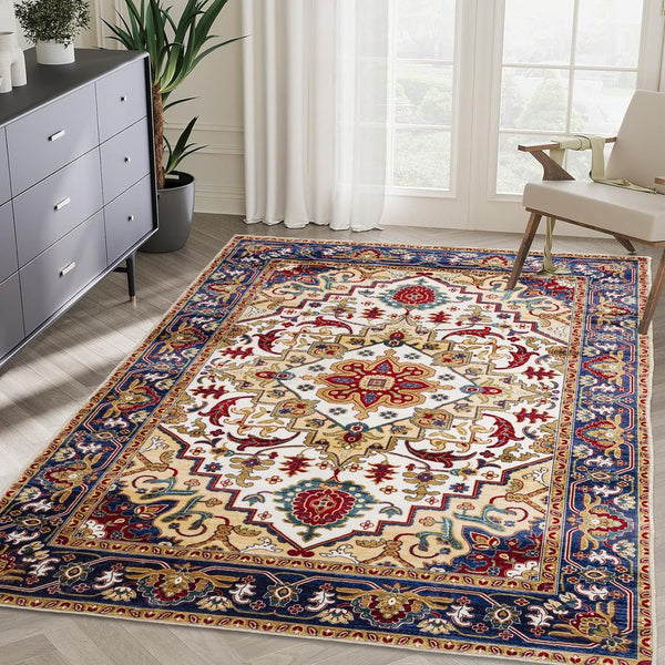English Elm Area Rug 6X9 Vintage Bohemia Floral Design In Blue/Gold - Non-Slip, Washable & Perfect For Any Room! W2907P265116