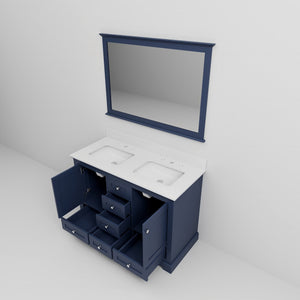 English Elm Navy Double Bath Vanity 48" W x 22" D with White Quartz Top, Soft-Close Storage & 46" Mirror B2731S00645