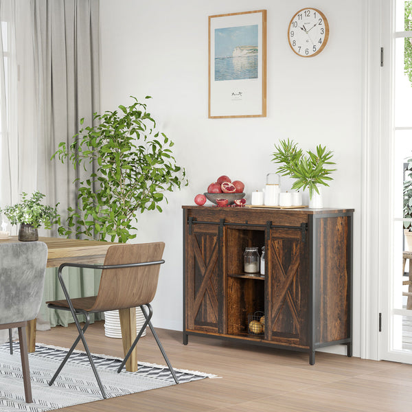 English Elm Homcom Rustic Industrial Sideboard Buffet Cabinet With Sliding Barn Doors, Adjustable Storage Shelves W2225P217383