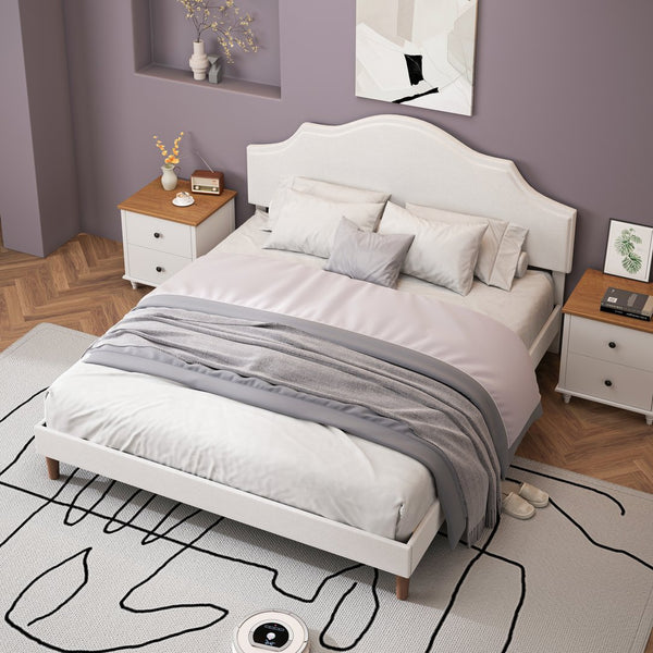 English Elm King Upholstered Platform Bed King Size Linen Fabric Padded Frame, Adjustable Headboard 32.9–37" White W1716P371759