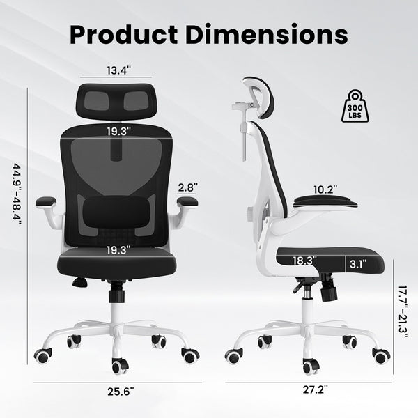 English Elm Ergonomic Office chair with adjustable headrest and lumbar support, breathable mesh, space-saving design Black,White T3623P368416