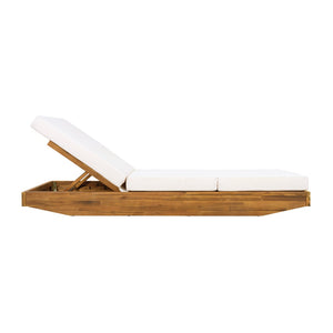 English Elm Boat-shape Acacia Wood Outdoor Chaise Lounge Slatted Teak Finish Poolside Recliner Cream,Teak N770P380117T_N770P208317C