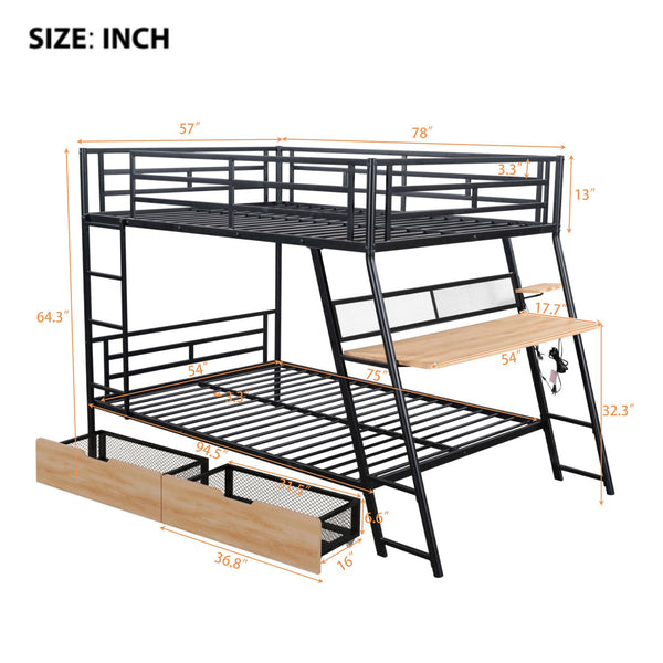 English Elm Full Full Size Metal Bunk Bed with Built-in Desk, Light, 2 Drawers, Shelves, Sturdy Space-Saver Black GX001517AAB