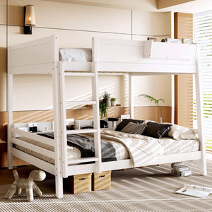 English Elm Queen Over Bunk Bed Pine Frame with Built in Shelving Detachable Vintage Style White W5316S00014
