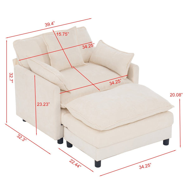 English Elm 39.4" Chenille Club Chair with Ottoman Solid Wood Frame for Living Room or Bedroom Beige W3244P392643