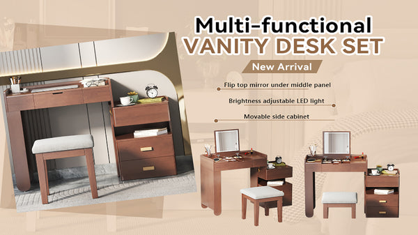 English Elm 3-in-1 Makeup Vanity Desk with Flip Mirror, LED 3-Color Lighting, Expandable Length & Ample Storage Drawers Walnut N844P285298W