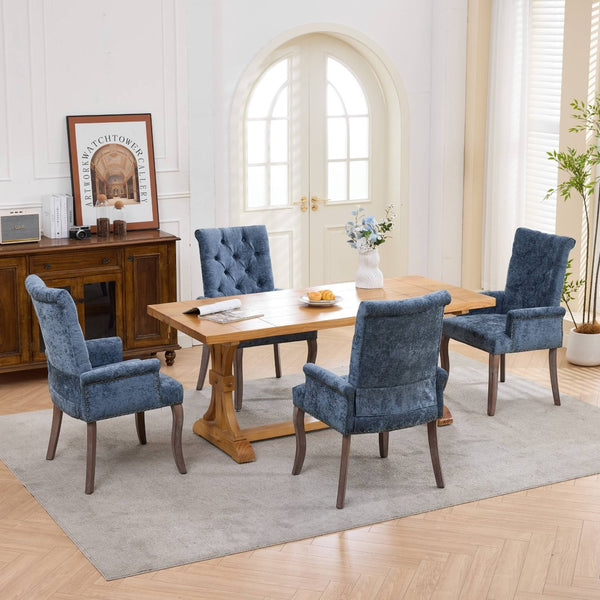 English Elm Upholstered Chenille Club Dining Chair Tufted High Back with Curved Solid Wood Legs Blue W1143P449346