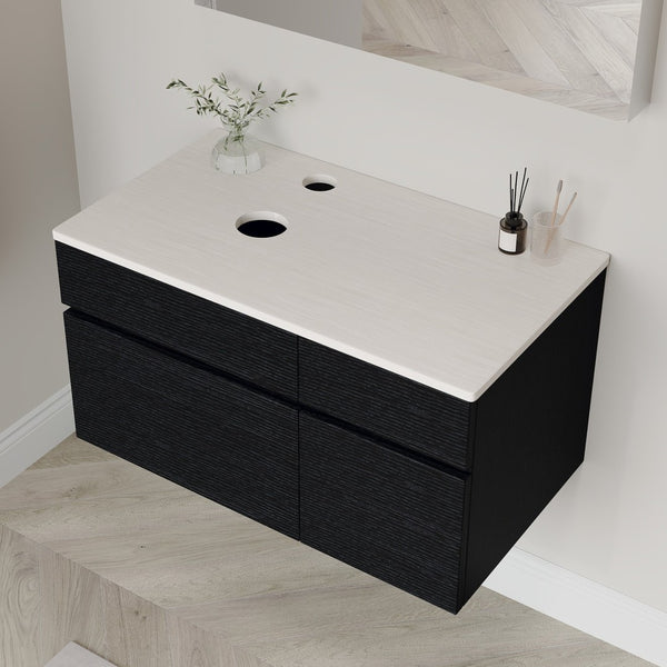 English Elm 31.5" Floating Bathroom Vanity Base Black Wood Grain Soft Close Modern Farmhouse W3136P500133