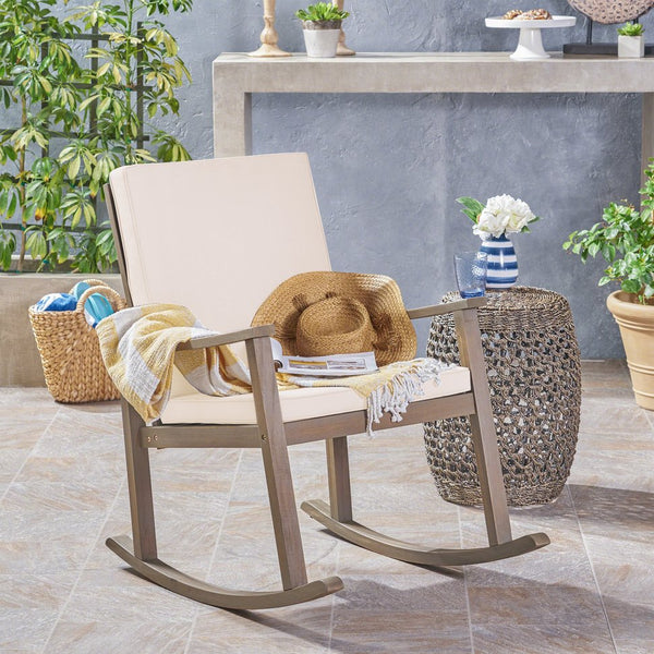 English Elm Christopher Knight Home® - CANDEL Rocking Chair with Acacia Wood Frame and Plush Cushioning — Coastal Comfort, Weather-Resistant Design Cream+Grey 39 L x 28 W x 11.75 H N761P272646M