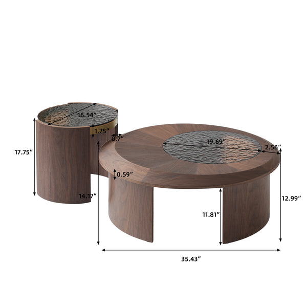 English Elm Tavola Modern Round Coffee Table Set with Walnut Veneer & Ripple Glass—Sturdy Two-Piece, Scratch-Resistant B341P321122