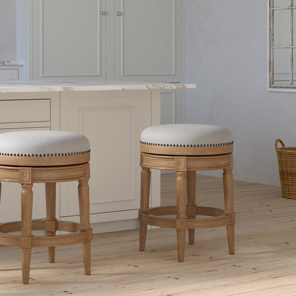 English Elm 26in. Faux Leather Swivel Barstool Nailhead Trim Carved Wood Counter Height Kitchen Oak B2751P436442
