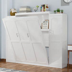 English Elm Queen Murphy Bed with 2 Wardrobes & Foldable Platform, Space-Saving White Queen Bedframe 650lbs N733S339767K