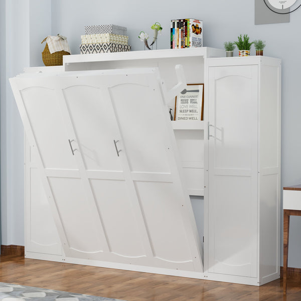 English Elm Queen Murphy Bed with 2 Wardrobes & Foldable Platform, Space-Saving White Queen Bedframe 650lbs N733S339767K