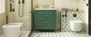 English Elm 30'' Bathroom Vanity with Ceramic Sink, Solid Wood Frame Retro Style Vanity with 3 Drawers & Gold Handles Green N710P246209F