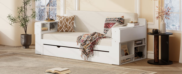 English Elm Queen Daybed with Hydraulic Desk Storage Drawers and Convertible Sofa for Small Spaces White LT000272AAK