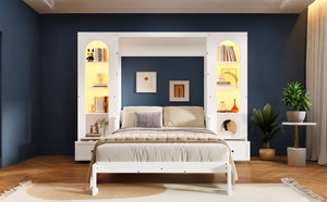 English Elm Queen Murphy Bed with Led Lighting Side Cabinets Shelving and Fold Down Desk Panel White N7090002226K-1