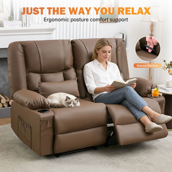 English Elm Recliner Loveseat with Massage Heat Pu Leather Dual Seating and Usb Charging Ports Brown W1521S00083