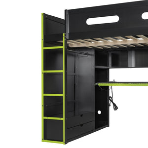 English Elm Full Size Gaming Loft Bed with Rgb Lighting Desk Wardrobe and Built-in Storage Green LT100261AAG