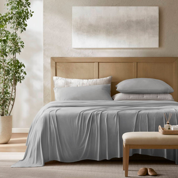 English Elm 4-piece Cal King Stretch Jersey Sheet Set Moisture Wicking Cooling Nylon Spandex Blend Grey B035P437418