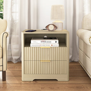 English Elm Nightstand Wood Cabinet with Built-in Usb Charging Ports and Voice Controlled Night Light W1321P399415