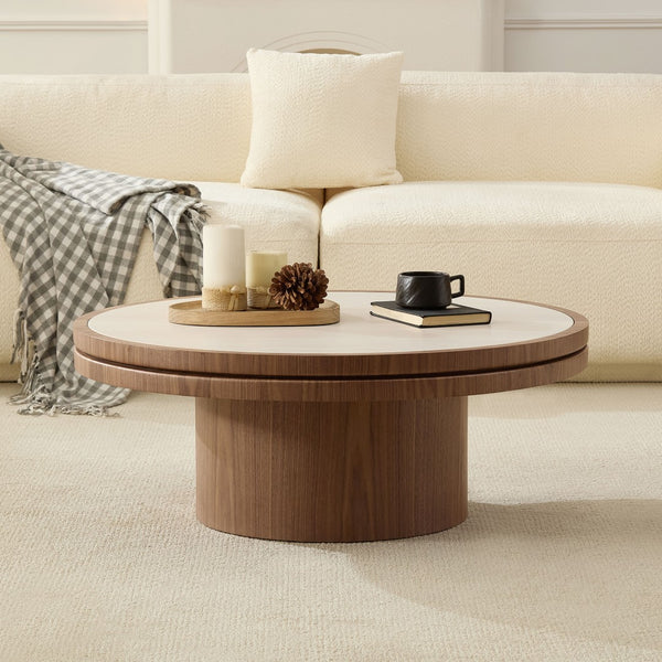 English Elm 35.43 Inch Round Sintered Stone Coffee Table with Mdf Pedestal Base for Modern Living W876S00343