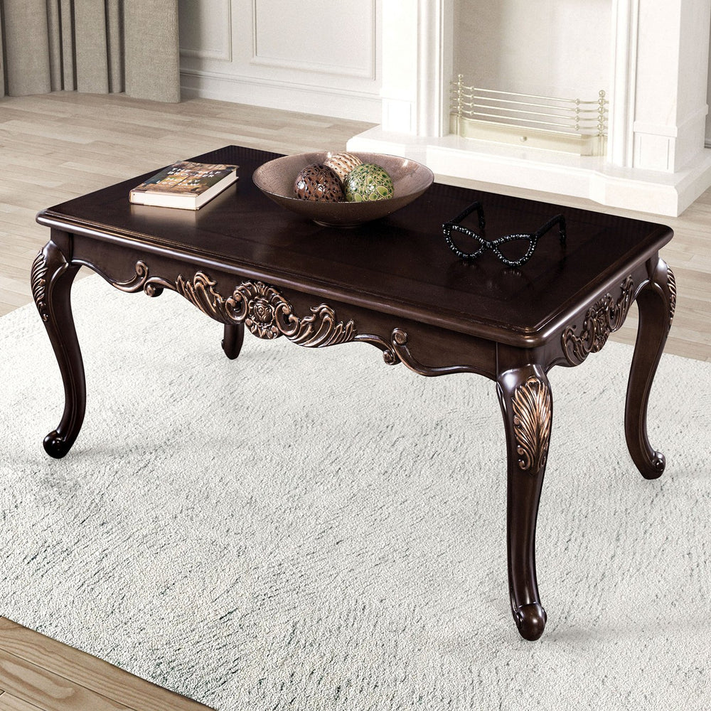 English Elm 1pc Elegant Dark Cherry Coffee Table 52"W Traditional Carved Accents Gold Highlights Cabriolet Legs B2741P361116
