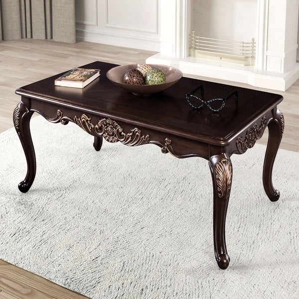 English Elm 1pc Elegant Dark Cherry Coffee Table 52"W Traditional Carved Accents Gold Highlights Cabriolet Legs B2741P361116