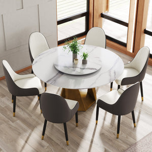English Elm 59.05" Round Marble Dining Table With Bronze Base & Turntable - Stylish Seating For 6-8 People W1535S00416
