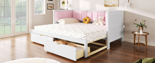 English Elm Twin Xl to King Convertible Daybed with Storage Drawers and Upholstered Backrest N7090000479K