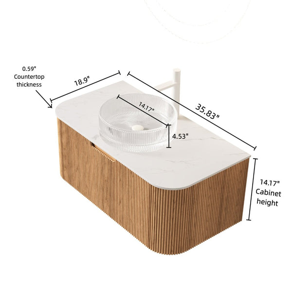 English Elm Dina Floating Bathroom Vanity Sintered Stone Top Glass Basin Striped Plywood Cabinet W2615S00237