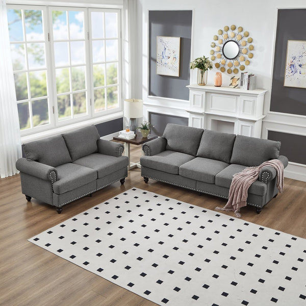 English Elm Modern Classic Living Room 2+3 Seater Sofa Set with Nailhead Trim, Removable Covers, Coil Springs, Hidden Storage Grey W1097S00174