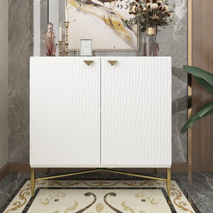 English Elm 2 Door White Locker Accent Cabinet with Gold Spindle Legs, Diamond Ripple Doors, Adjustable Shelves, Modern Storage Elegance T3609P347437