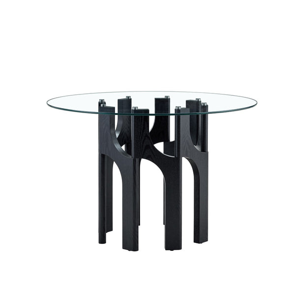 English Elm Round Tempered Glass Dining Table Sculptural Geometric Mdf Base Seats Four Compact Black W3875P387177