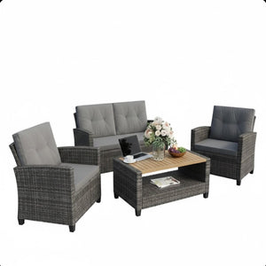English Elm 4-piece Wicker Outdoor Conversation Set with Acacia Wood Table and Foam Cushions Grey+Brown B082S00062
