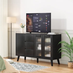 English Elm Farmhouse Buffet Cabinet with Pop-Up Doors and 3 Drawers — Rustic 55.5" Sideboard for Dining Room Black T3623P408215