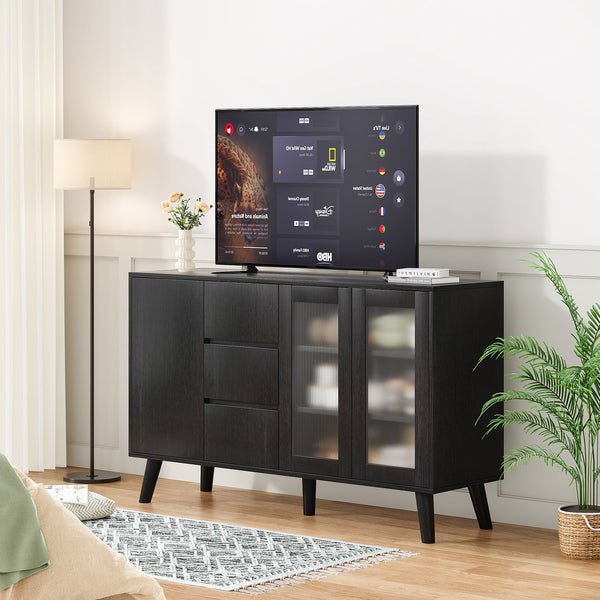 English Elm Farmhouse Buffet Cabinet with Pop-Up Doors and 3 Drawers — Rustic 55.5" Sideboard for Dining Room Black T3623P408215