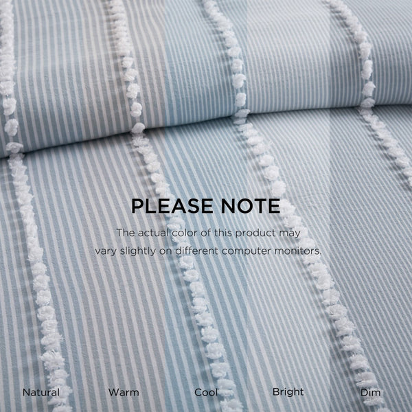 English Elm 3-piece King Yarn Dyed Cotton Duvet Set with Pompom Jacquard Stripe Percale Reverse Blue B035P482897