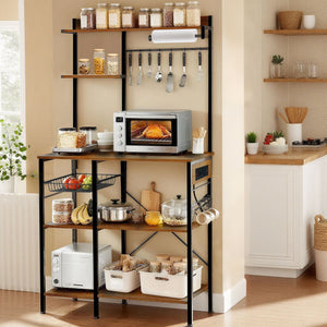 English Elm Bakers Rack with Power Outlet & USB, Microwave Stand with Pull-Out Basket, Coffee Bar Organizer W3204P354195
