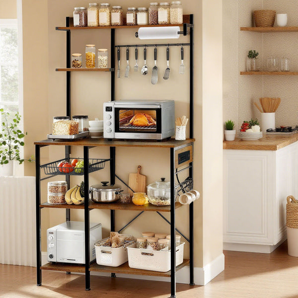 English Elm Bakers Rack with Power Outlet & USB, Microwave Stand with Pull-Out Basket, Coffee Bar Organizer W3204P354195