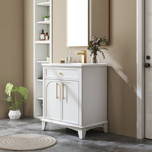 English Elm 27.8" Mid-century Freestanding Bathroom Vanity with Ceramic Sink Drawer and Wood Base White W1801S00004
