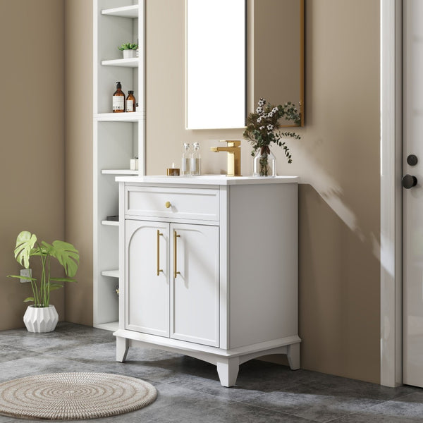English Elm 27.8" Mid-century Freestanding Bathroom Vanity with Ceramic Sink Drawer and Wood Base White W1801S00004