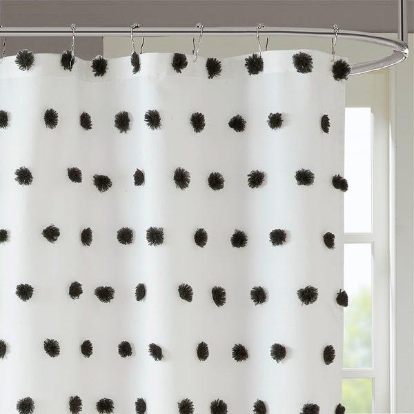 JLA Home Madison Park - Shower Curtain with Soft Fabric Pom-Poms on White Ground — Textured, Machine-Washable 72"x72" Black MP70-6597
