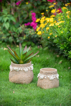 English Elm Set Of 2 Stylish 6.5" Brown Cement Planters With Woven Tassels - Perfect For Small Plants & Decor! W2078P326608-GIGA