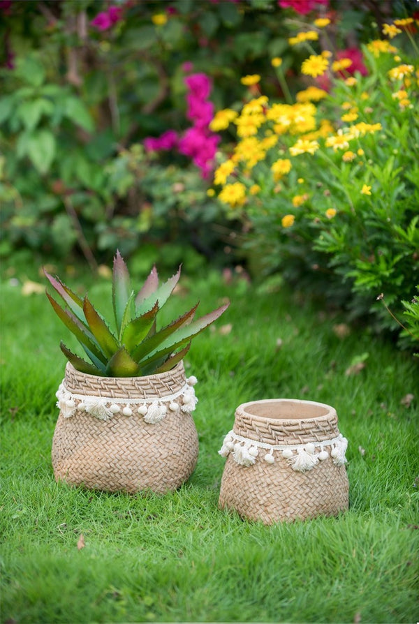 English Elm Set Of 2 Stylish 6.5" Brown Cement Planters With Woven Tassels - Perfect For Small Plants & Decor! W2078P326608-GIGA