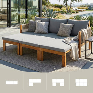 English Elm Outdoor Acacia Wood Dining Set Seats Six with Cushioned Armrest Chairs for Patio Grey,Natural Wood N719Z000220E