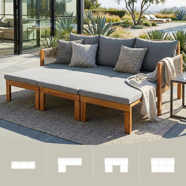 English Elm Outdoor Acacia Wood Dining Set Seats Six with Cushioned Armrest Chairs for Patio Grey,Natural Wood N719Z000220E